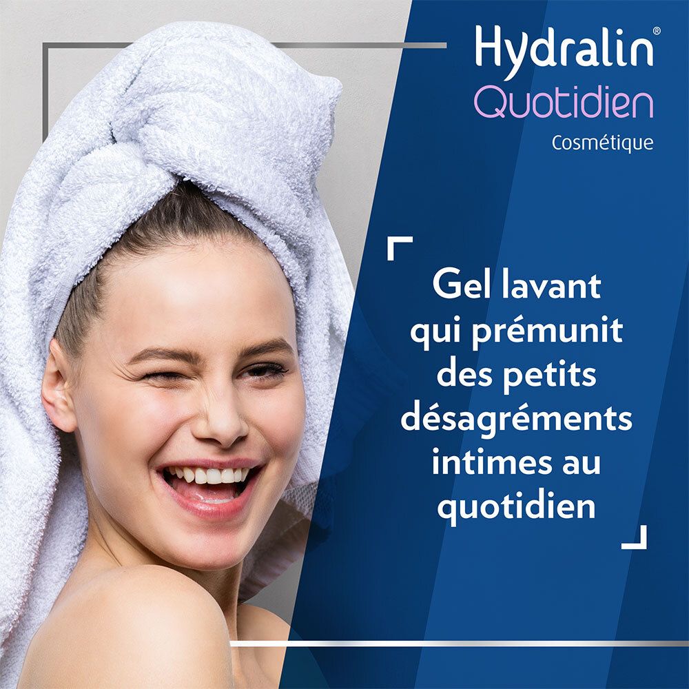 Vrouw met handdoek. Tekst: Gel lavant qui préunit des petits désagréments intimes au quotidien. Hydralin®.