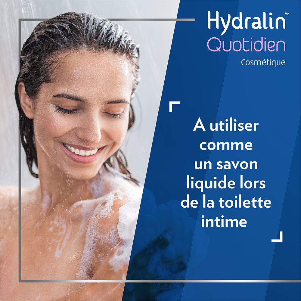Vrouw onder de douche. Tekst: A utiliser comme un savon liquide lors de la toilette intime. Hydralin®.