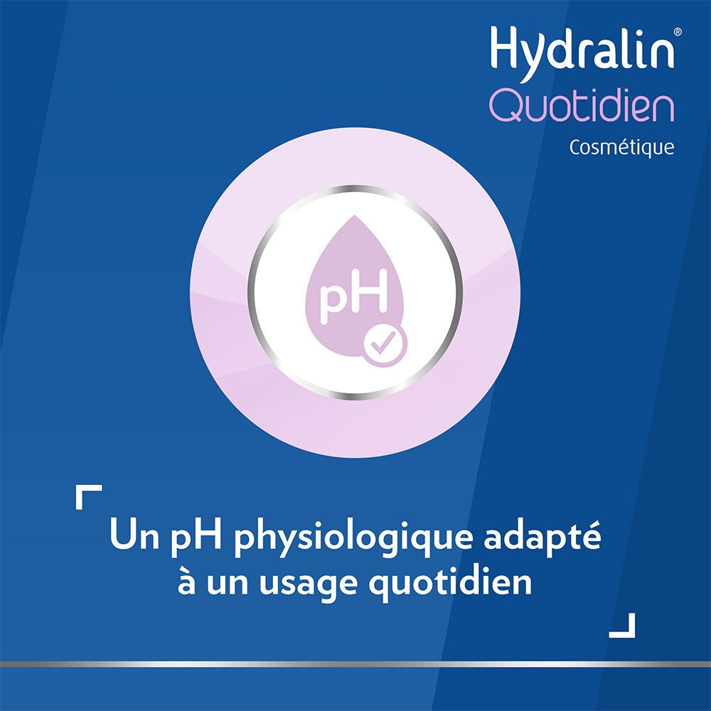 Tekst: Un pH physiologique adapté à un usage quotidien. pH-symbool. Hydralin®.