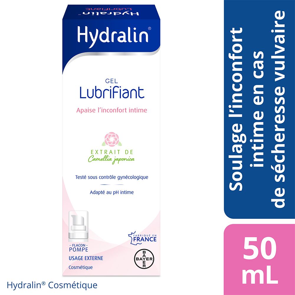 Hydralin Gel Lubrifiant. Emballage avec informations produit. 50 ml. Logo Bayer.