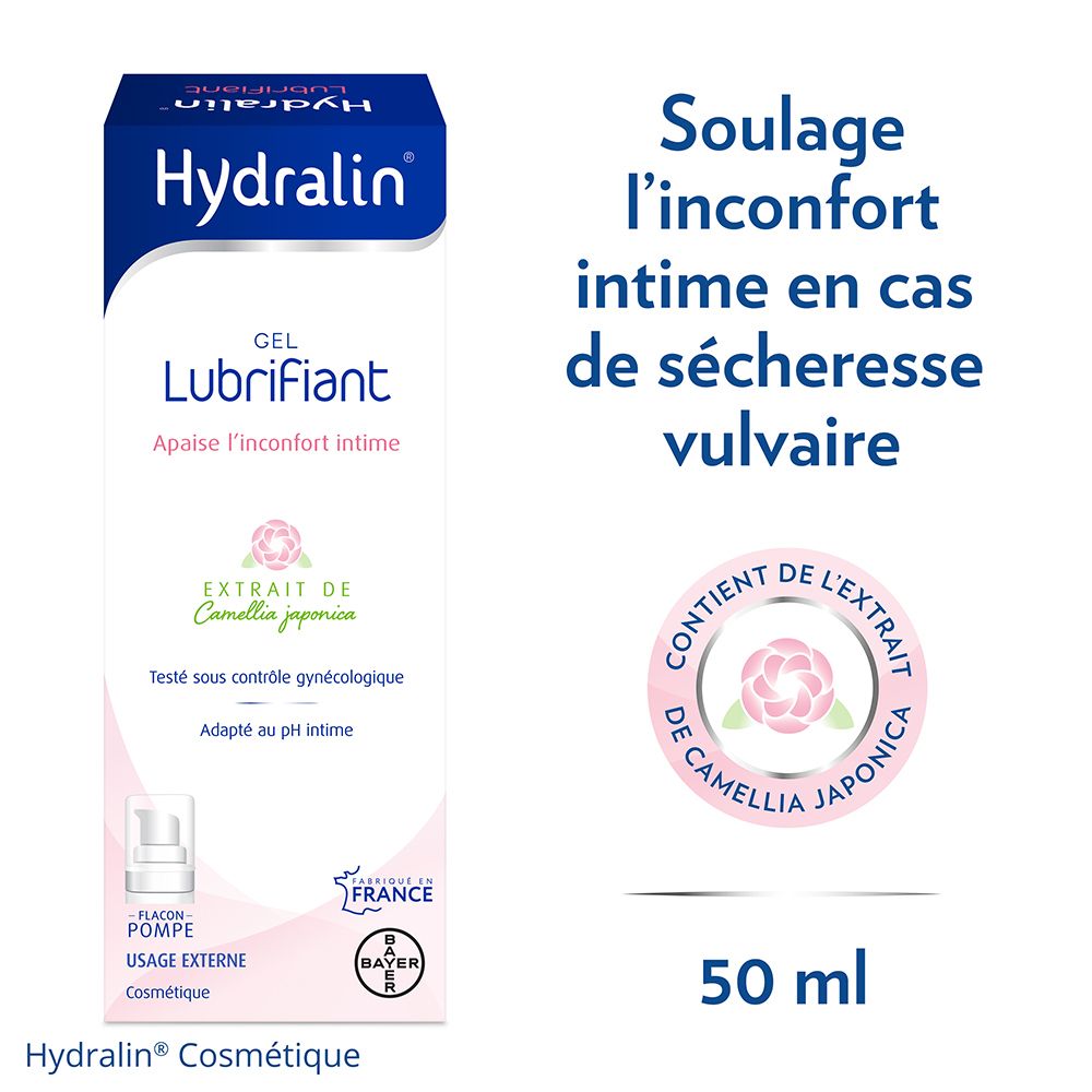 Hydralin Gel Lubrifiant. Emballage avec informations produit. 50 ml. Logo extrait de camélia.