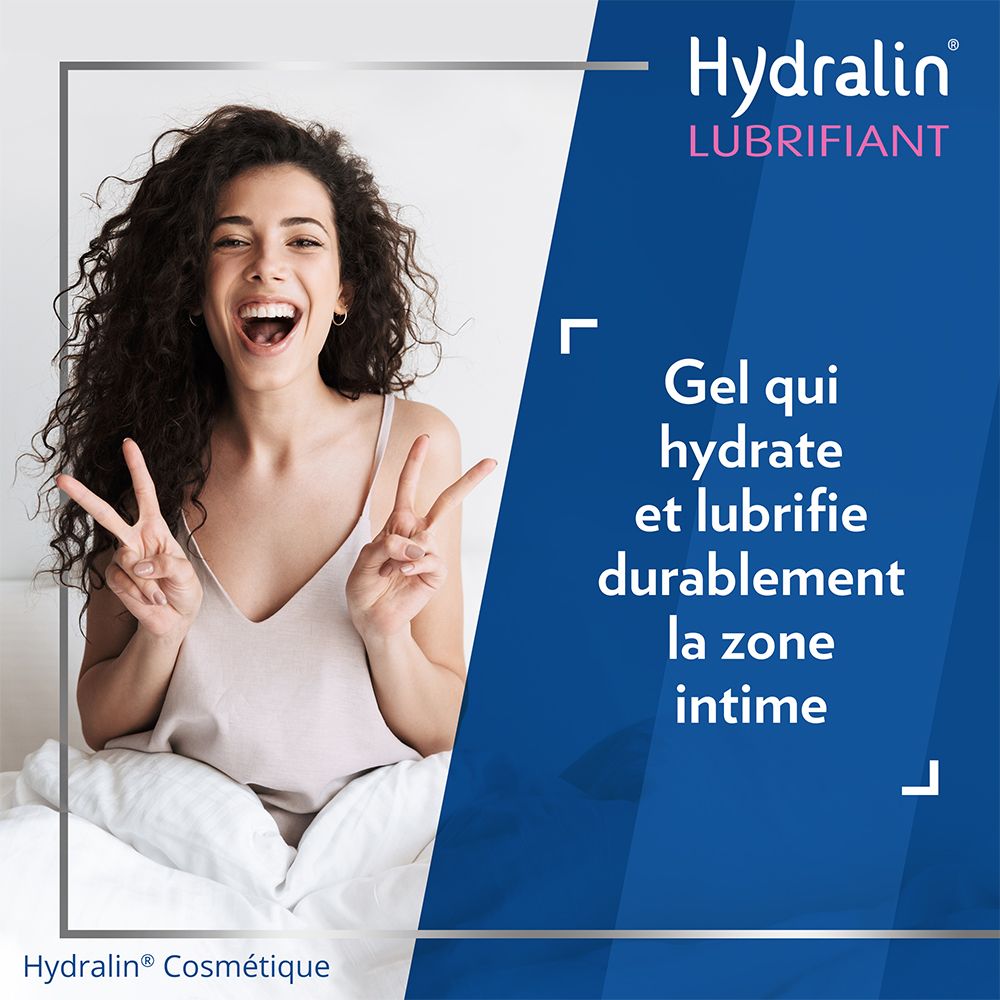 Femme souriante. Texte: Gel qui hydrate et lubrifie durablement la zone intime.