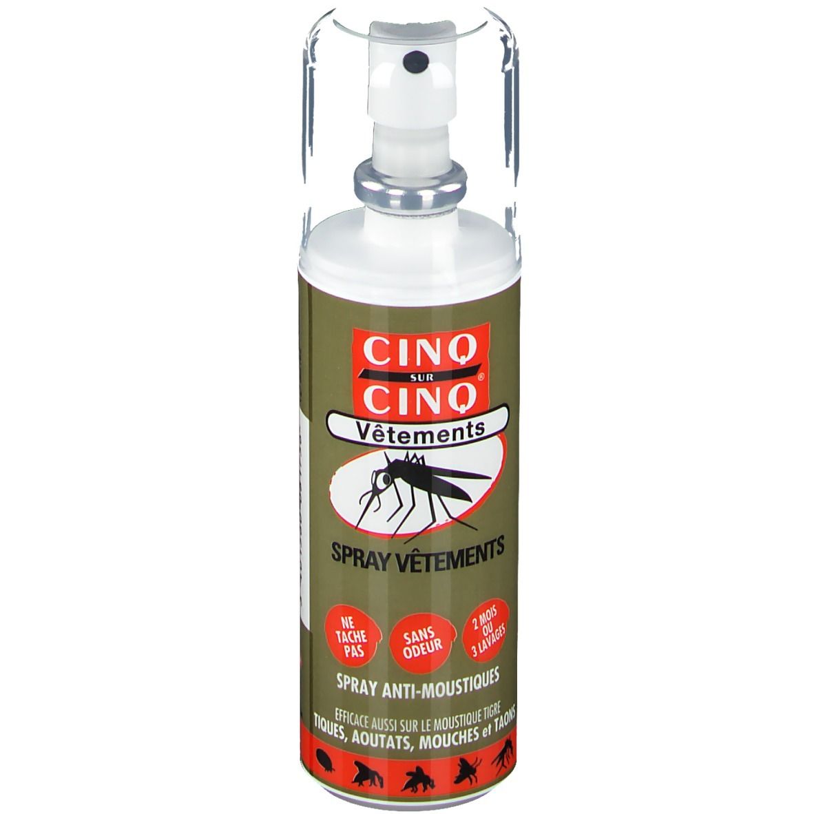 Spray anti-moustiques pour vêtements. Flacon avec bouchon pulvérisateur et capuchon transparent. Inscription: Cinc sur Cinq Vêtements.