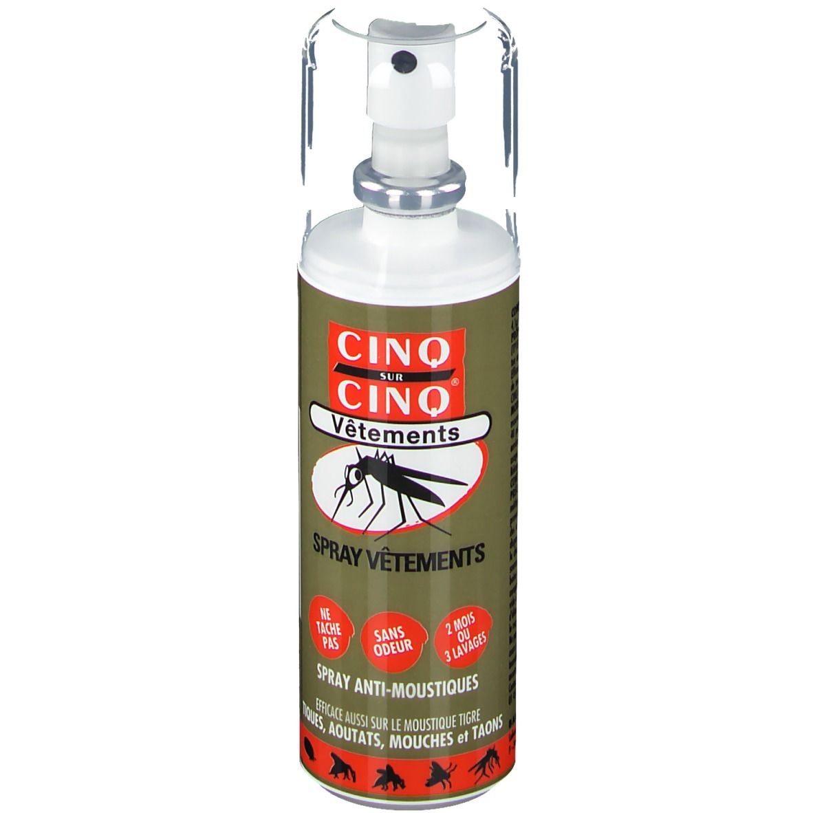 Spray anti-moustiques pour vêtements. Flacon avec bouchon pulvérisateur et capuchon transparent. Inscription: Cinc sur Cinq Vêtements.