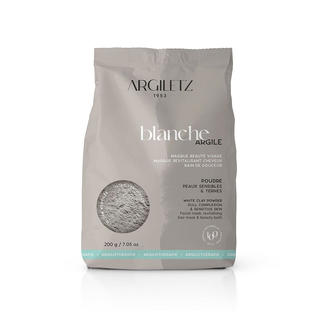 Zak Argiletz Argile blanche ultra ventilée. Opschrift: blanche argile, poudre, peaux sensibles & ternes. 200 g / 7.05 oz.
