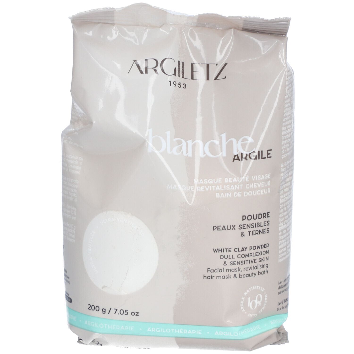 Zak Argiletz Argile blanche ultra ventilée. Opschrift: blanche Argile, Poudre, Peaux sensibles & ternes. 200 g / 7.05 oz.