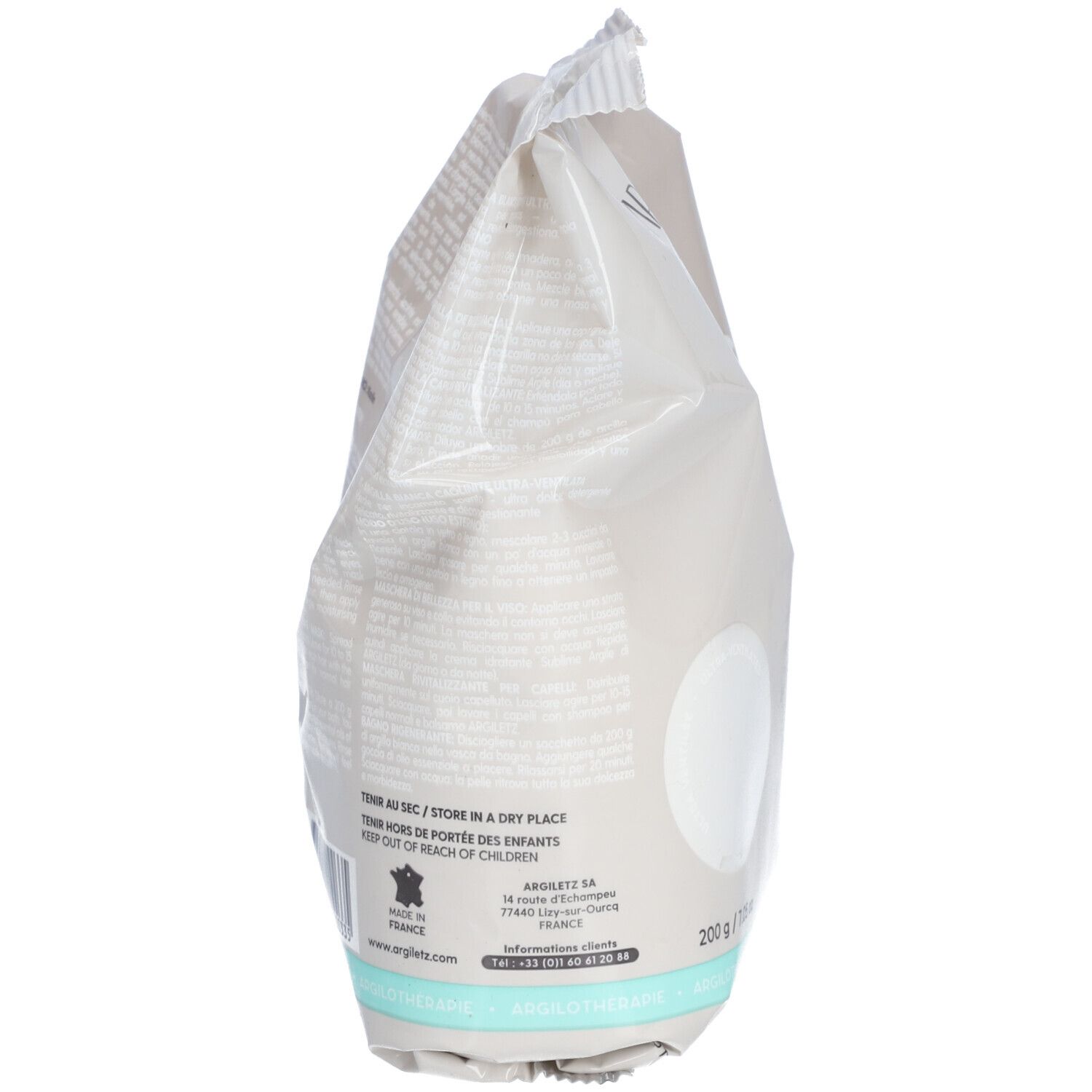 Achterkant van de zak Argiletz Argile blanche ultra ventilée. Tekst: Tenir au sec / Store in a dry place. Buiten bereik van kinderen bewaren.