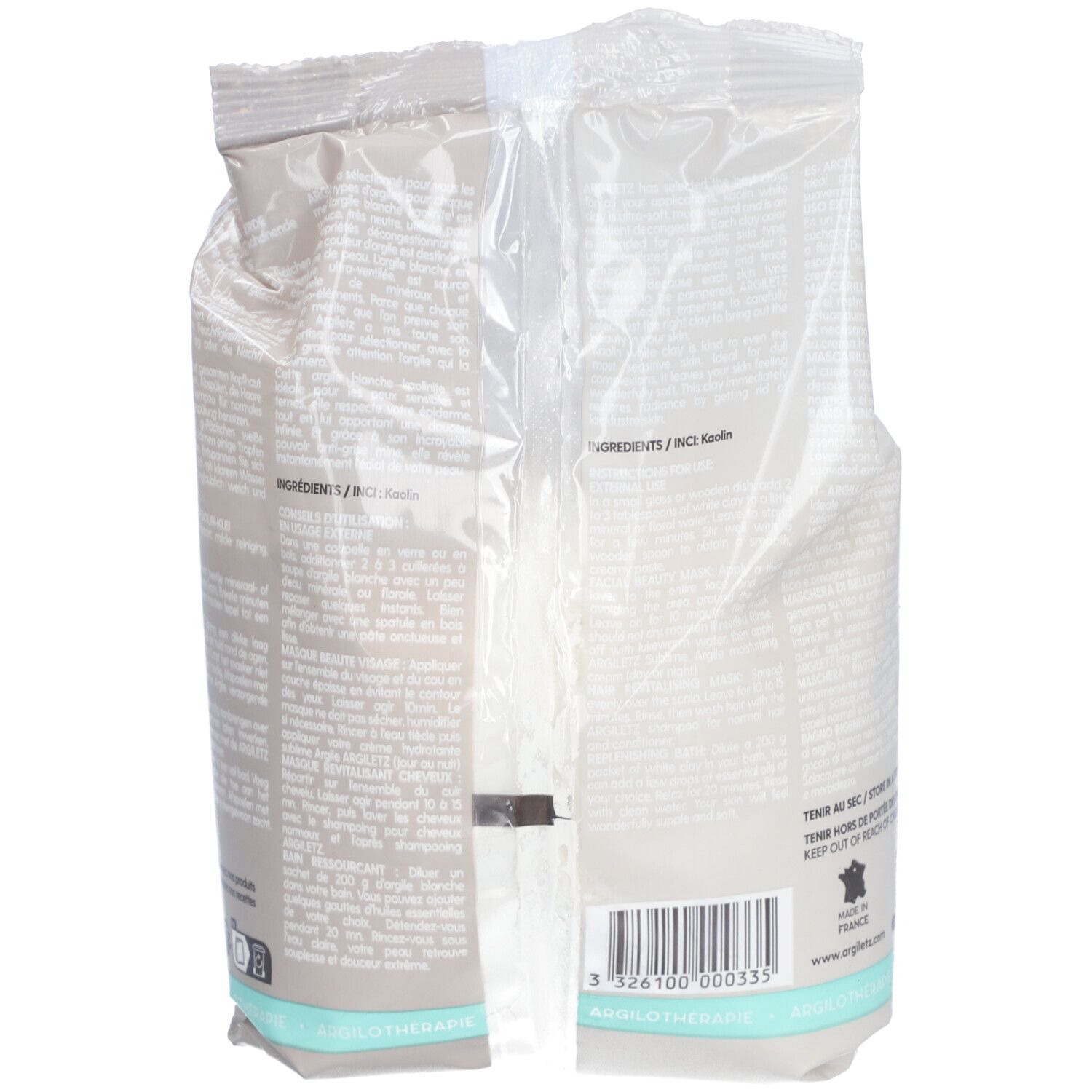 Achterkant van de zak Argiletz Argile blanche ultra ventilée. Tekst: Ingrediënten, barcode. Gemaakt in Frankrijk.