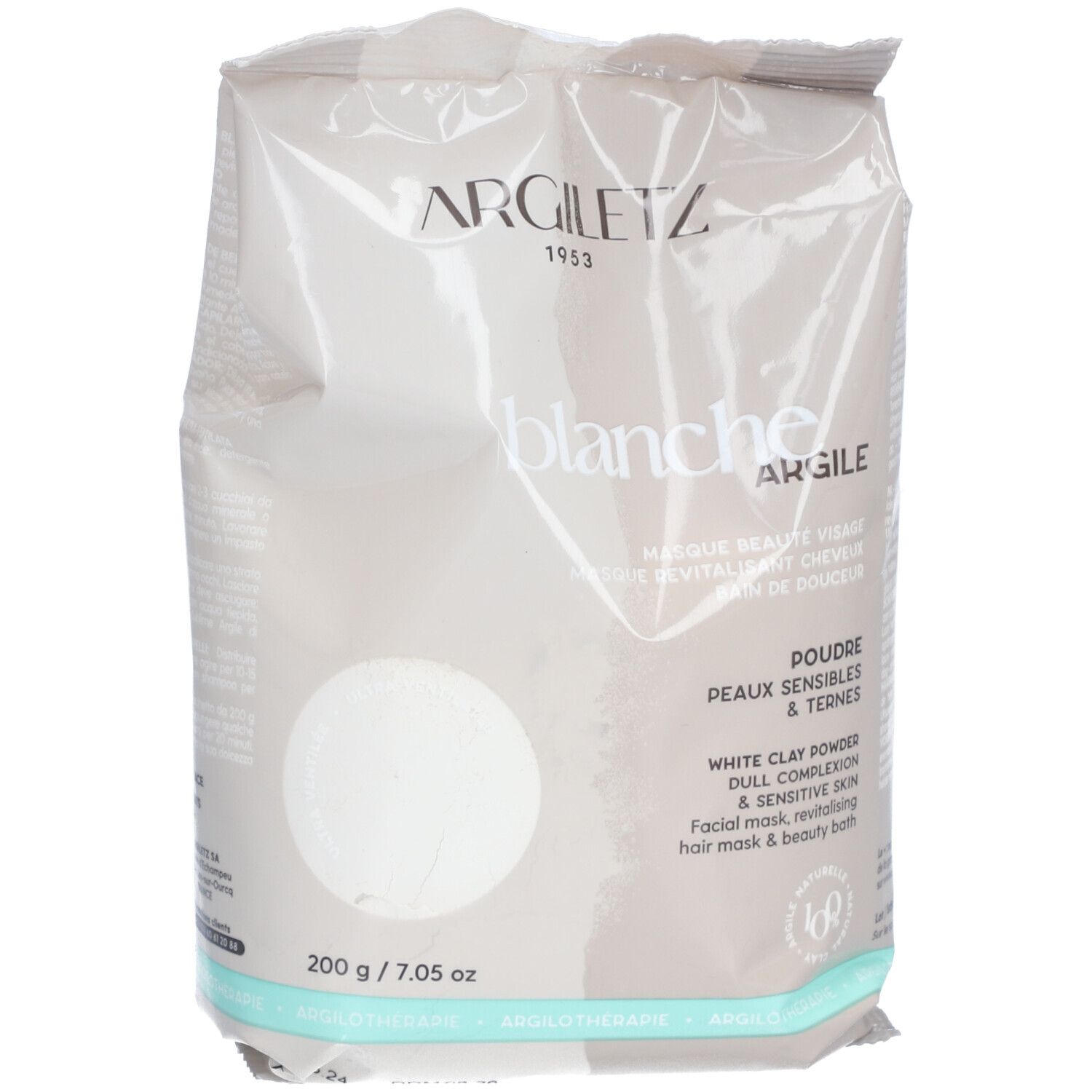 Zak Argiletz Argile blanche ultra ventilée. Opschrift: blanche Argile, Poudre, Peaux sensibles & ternes. 200 g / 7.05 oz.