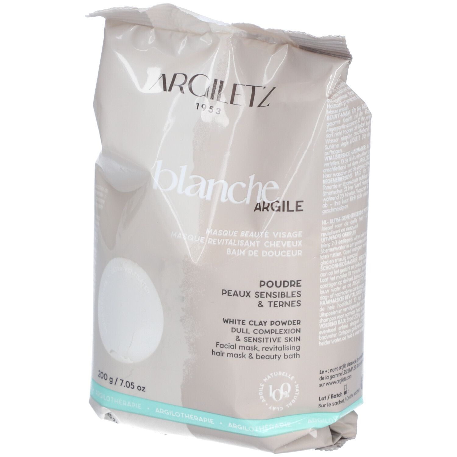 Zak Argiletz Argile blanche ultra ventilée. Opschrift: blanche Argile, Poudre, Peaux sensibles & ternes. 200 g / 7.05 oz.