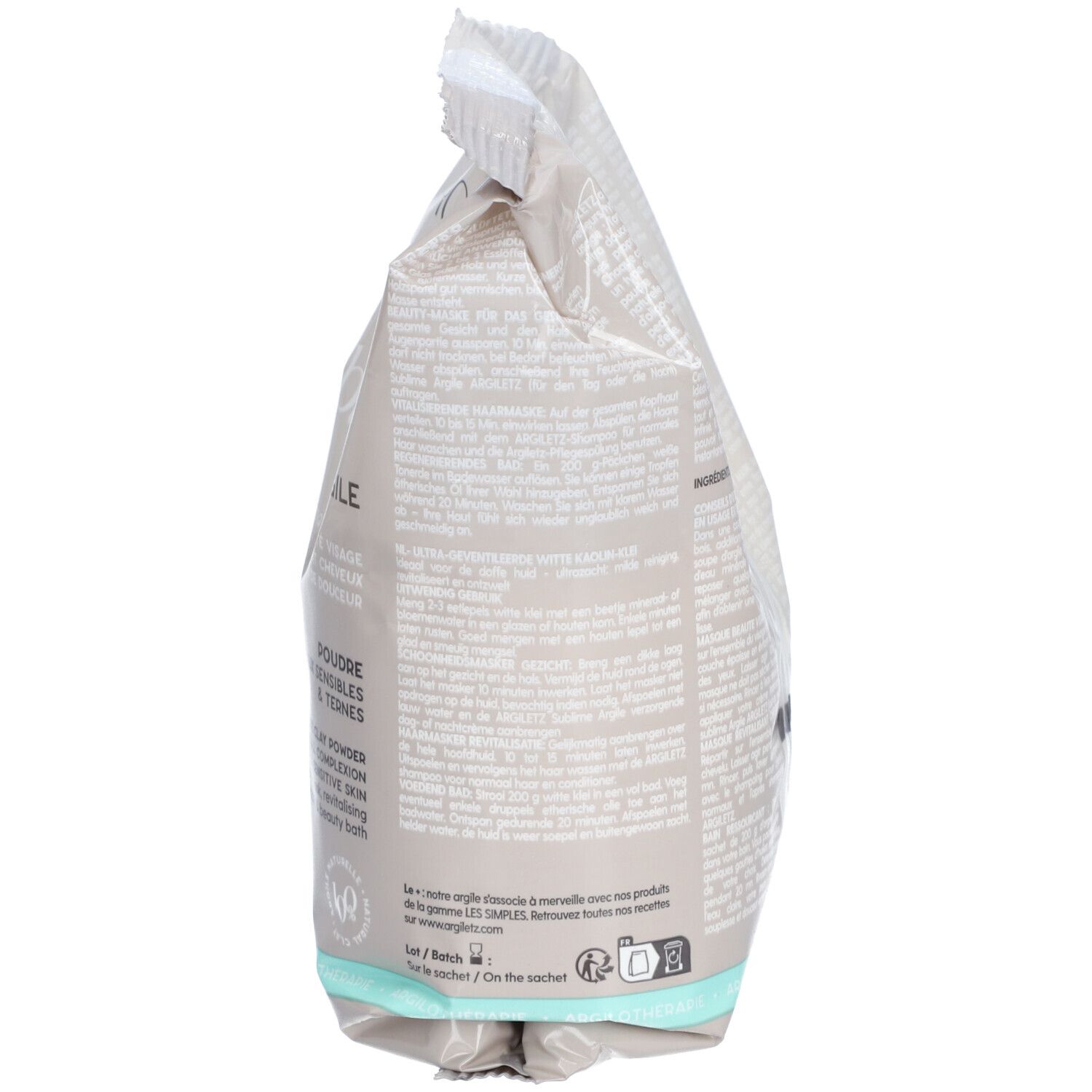 Achterkant van de zak Argiletz Argile blanche ultra ventilée. Tekst: Ingrediënten, barcode. Gemaakt in Frankrijk.