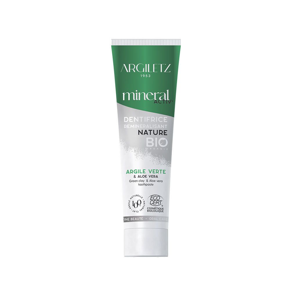Tube de dentifrice vert et blanc. Inscriptions : ARGILTEZ, mineral activ, NATURE BIO, Argile Verte & Aloe Vera. Certification.
