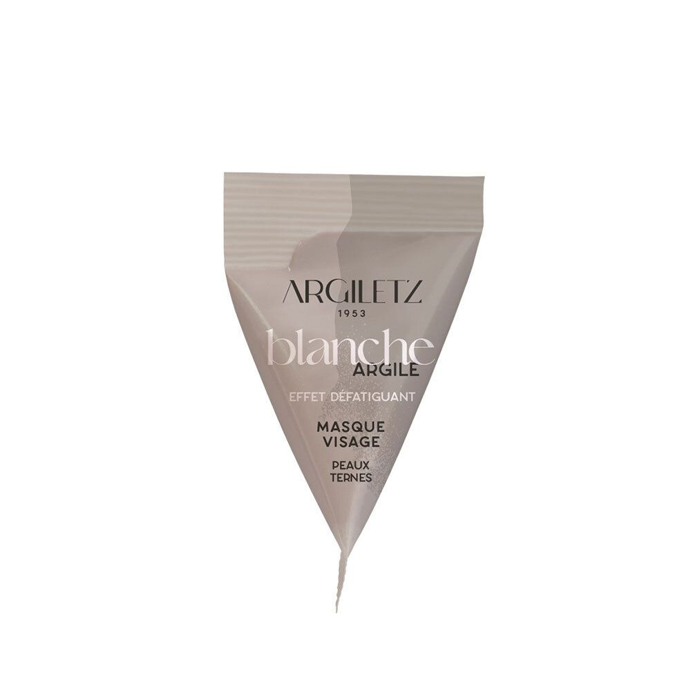 Sachet triangulaire. Inscription: Argiletz, Blanche Argile, Masque Visage, Peaux Ternes. Sachet blanc triangulaire.