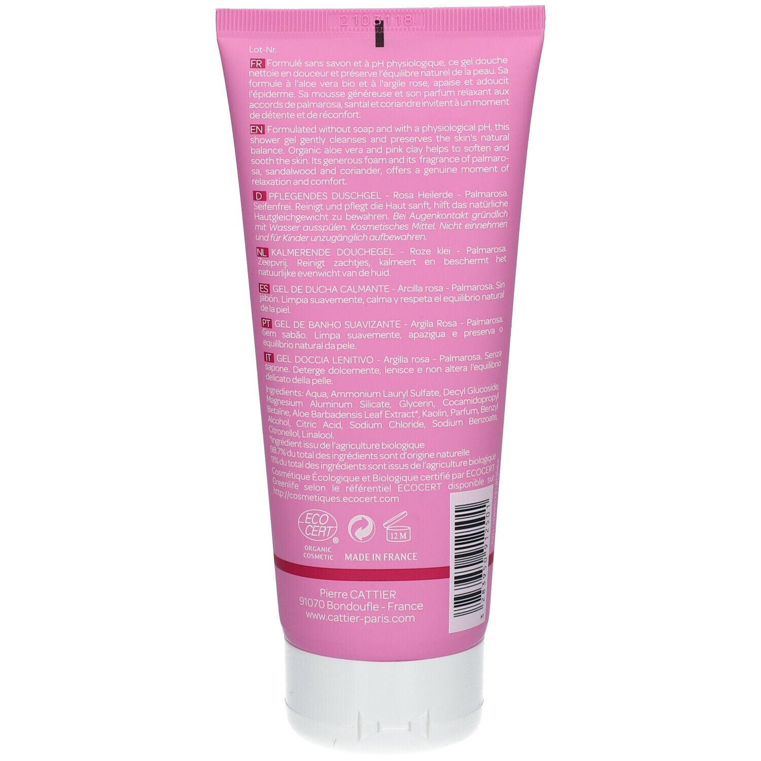 Cattier Gel Douche Apaisant Argile Rose & Palmarosa 200 Ml - Farmaline