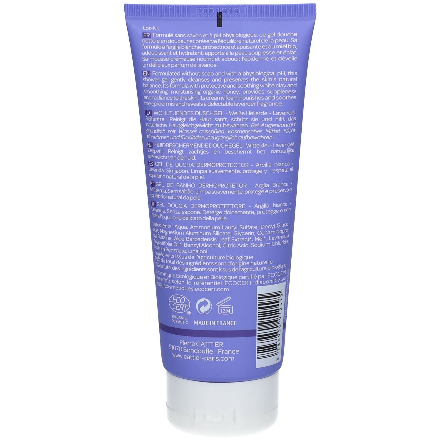 Tube violet avec bouchon blanc. Texte: Duschgel, Lavande. Certification ECOCERT. Fabriqué en France.