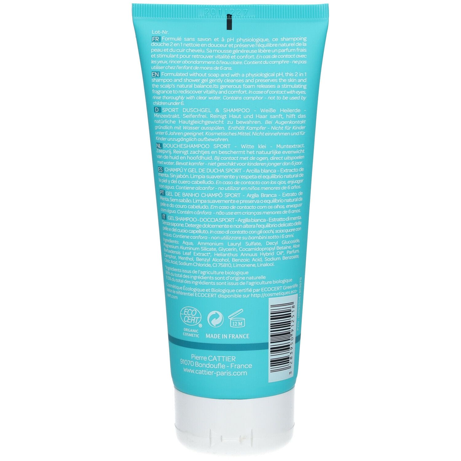 Cattier Sport Shampooing & Gel Douche Argile Blanche & Extrait de Menthe