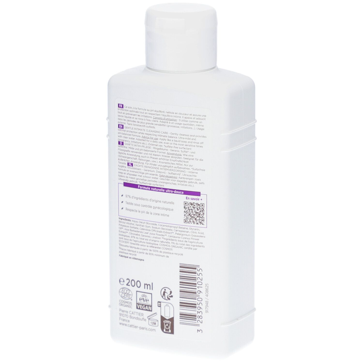 Witte fles, achterkant met tekst en QR-code. Opschrift: 200 ml, Vegan, Bio. Fabrikantinformatie.