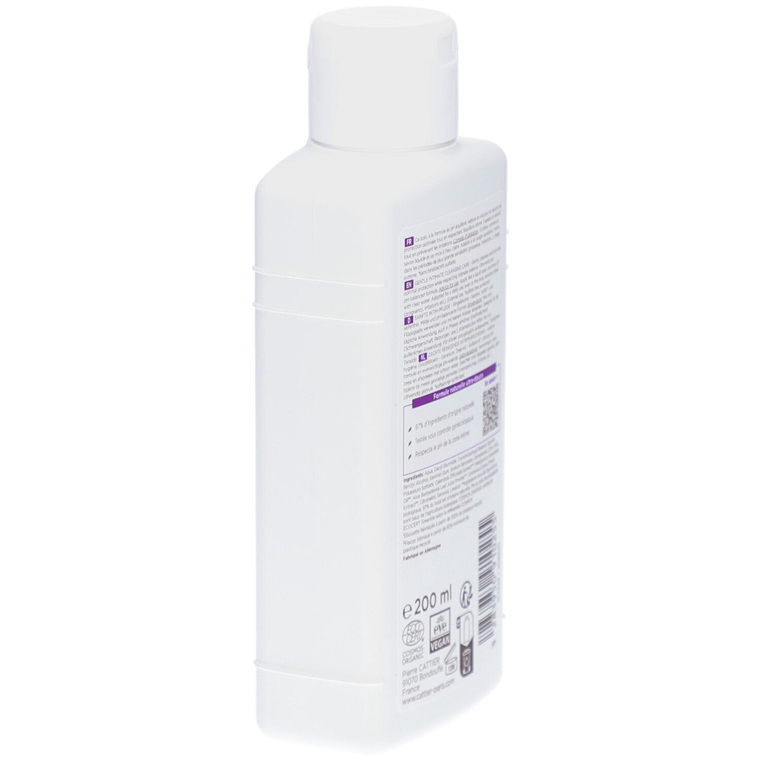 Witte fles, achterkant met tekst en QR-code. Opschrift: 200 ml, Vegan, Bio. Fabrikantinformatie.