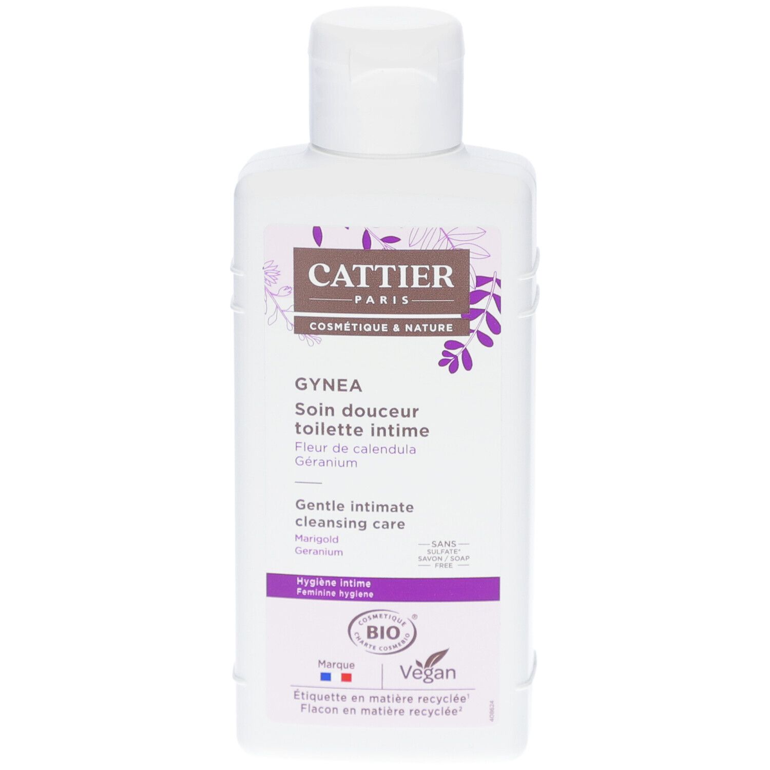 Witte fles met klapdeksel. Opschrift: Cattier, Gynéa, Soin douceur toilette intime. Bio, Vegan.