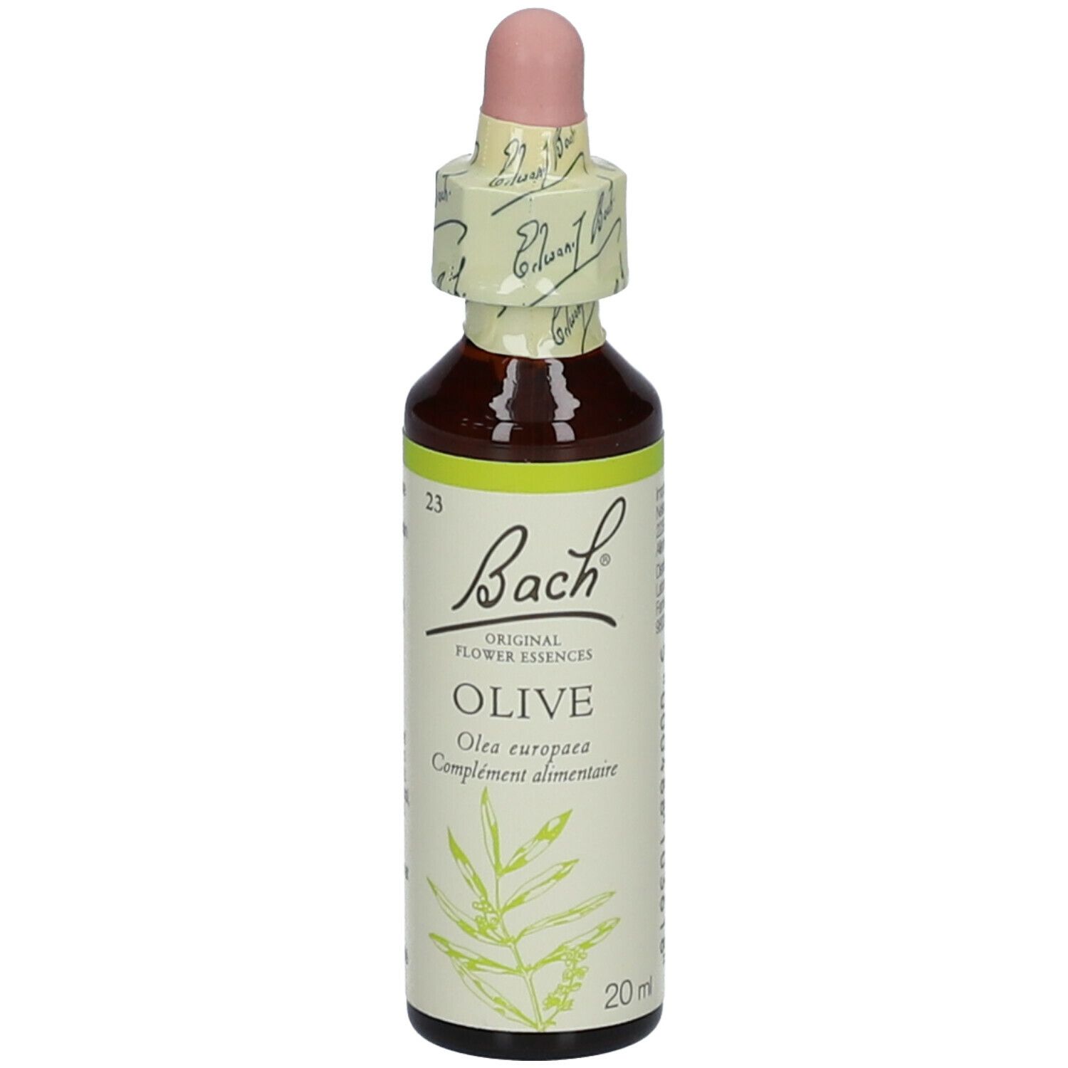 Flacon en verre brun avec compte-gouttes. Étiquette 'Bach' et 'OLIVE'.