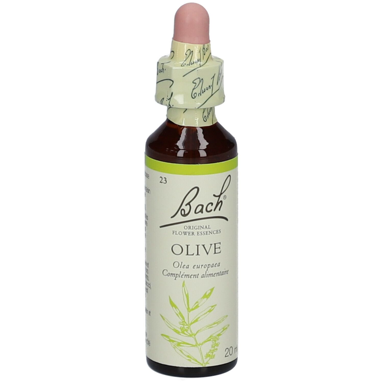 Flacon en verre brun avec compte-gouttes. Étiquette 'Bach' et 'OLIVE'.
