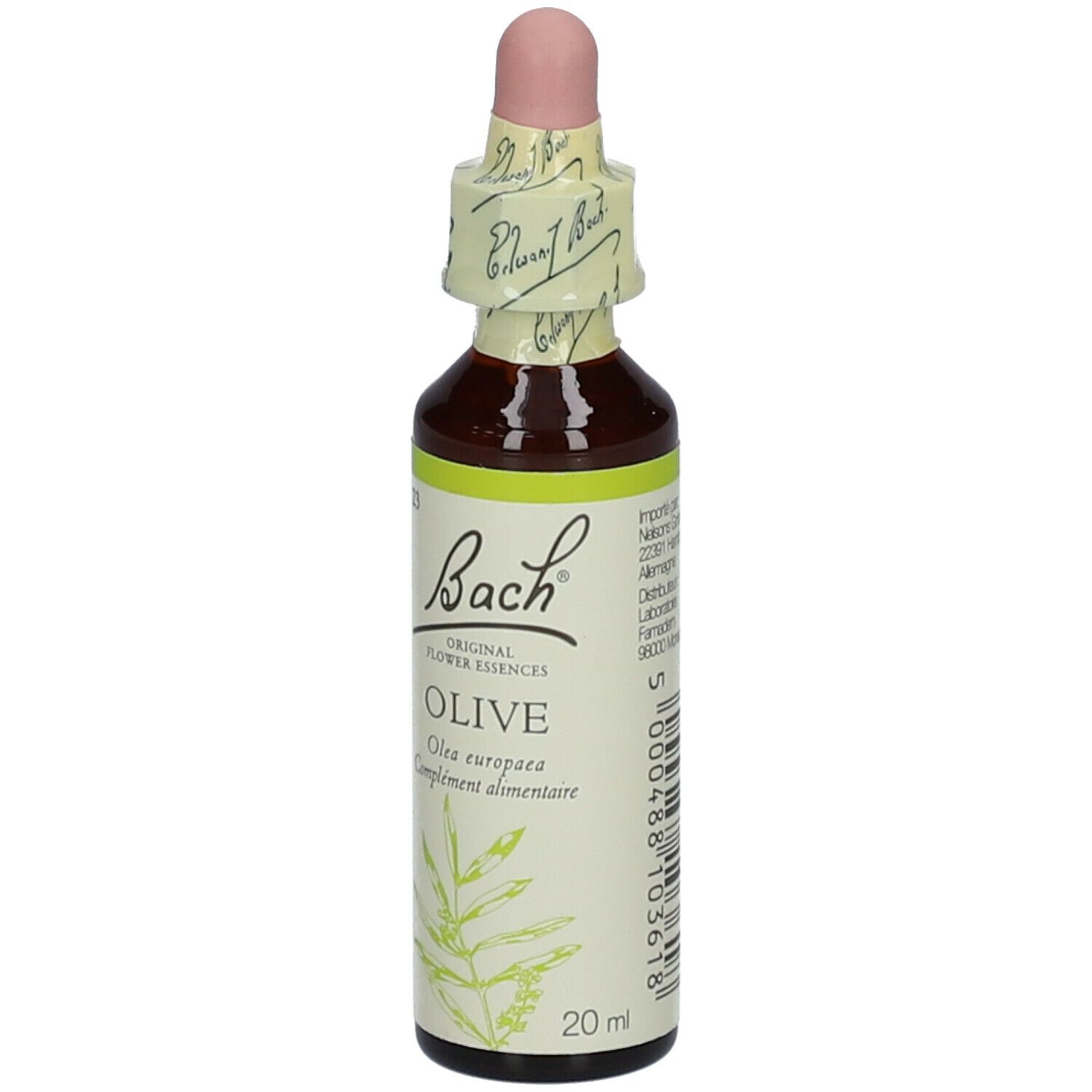 Flacon en verre brun avec compte-gouttes. Étiquette 'Bach' et 'OLIVE'.