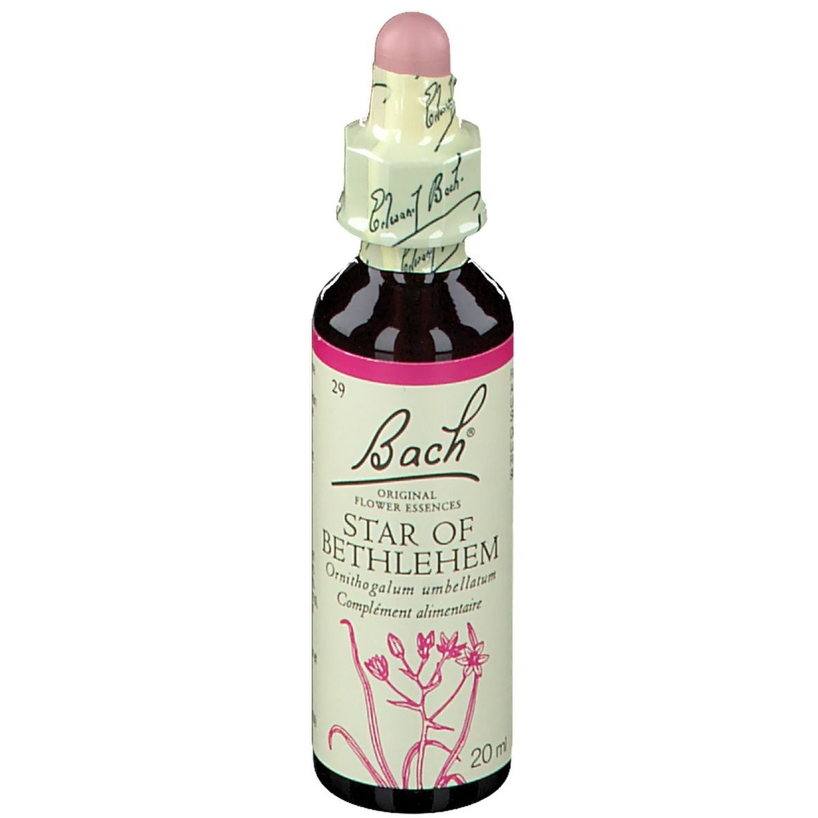 Flacon en verre brun avec bouchon rose. Étiquette : Star of Bethlehem, Ornithogalum umbellatum, 20ml.