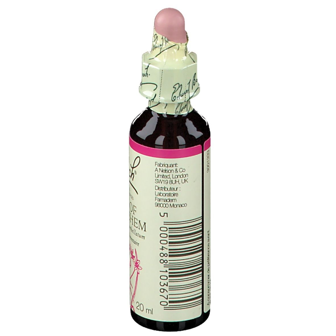 Flacon en verre brun. Dos avec étiquette. Texte et code-barres. 20ml. Informations fabricant.