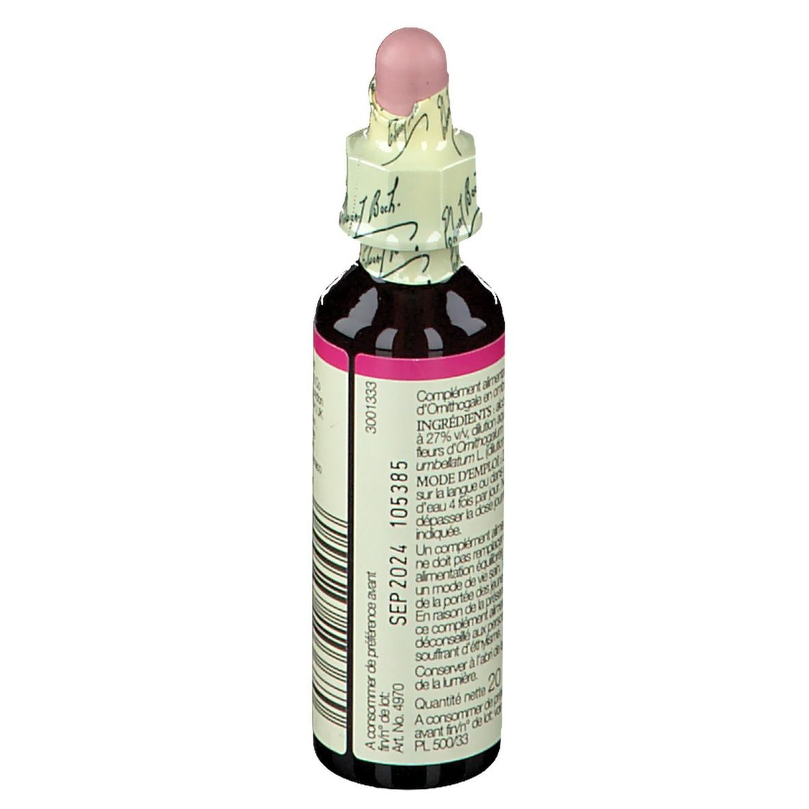Flacon en verre brun. Dos avec étiquette. Texte : Date de péremption, ingrédients, mode d'emploi. 20ml.