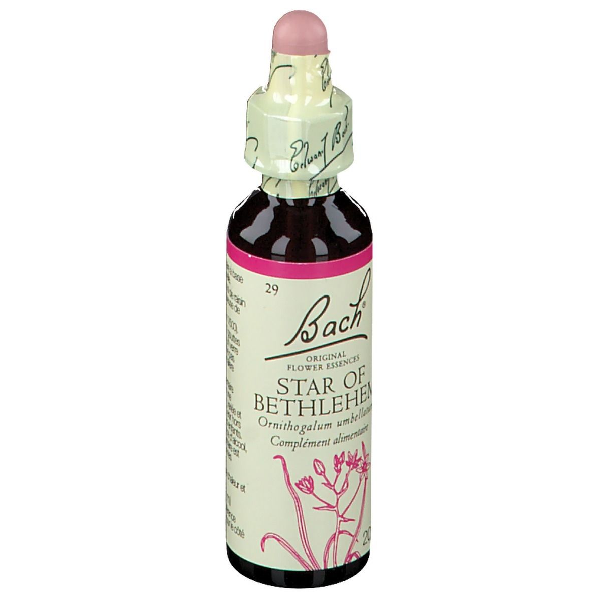 Flacon en verre brun avec bouchon rose. Étiquette : Star of Bethlehem, Ornithogalum umbellatum, 20ml.