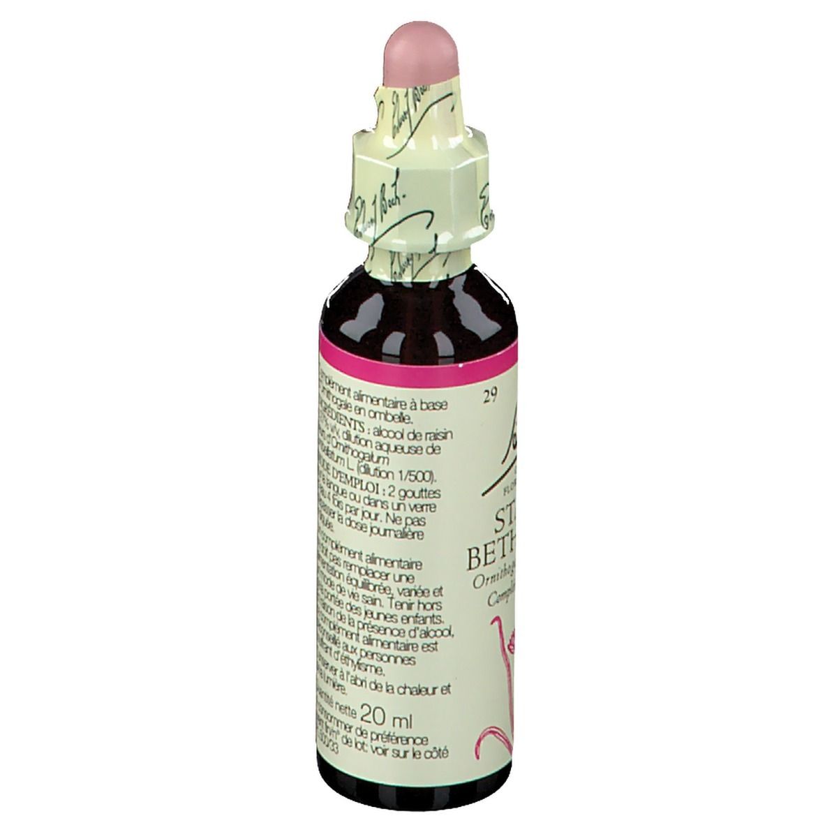 Flacon en verre brun avec bouchon rose. Étiquette : Star of Bethlehem, Ornithogalum umbellatum, 20ml. Texte.