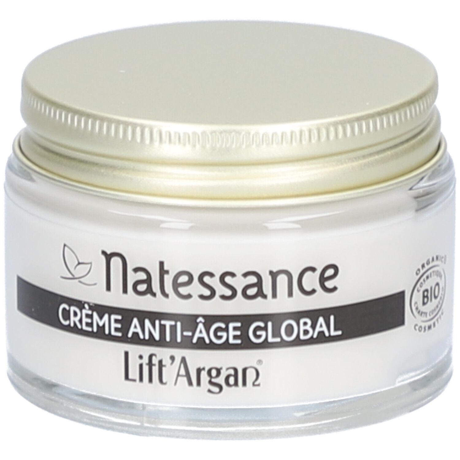 Crèmepot met gouden deksel. Opschrift: Natessance, Crème Anti-Âge Global, Lift'Argan. Bio-certificering.