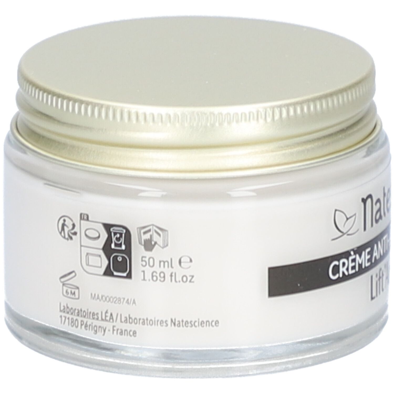 Crèmepot met gouden deksel. Opschrift: Natessance, Crème Anti-Âge Global, Lift'Argan. 50 ml, 1.69 fl.oz.