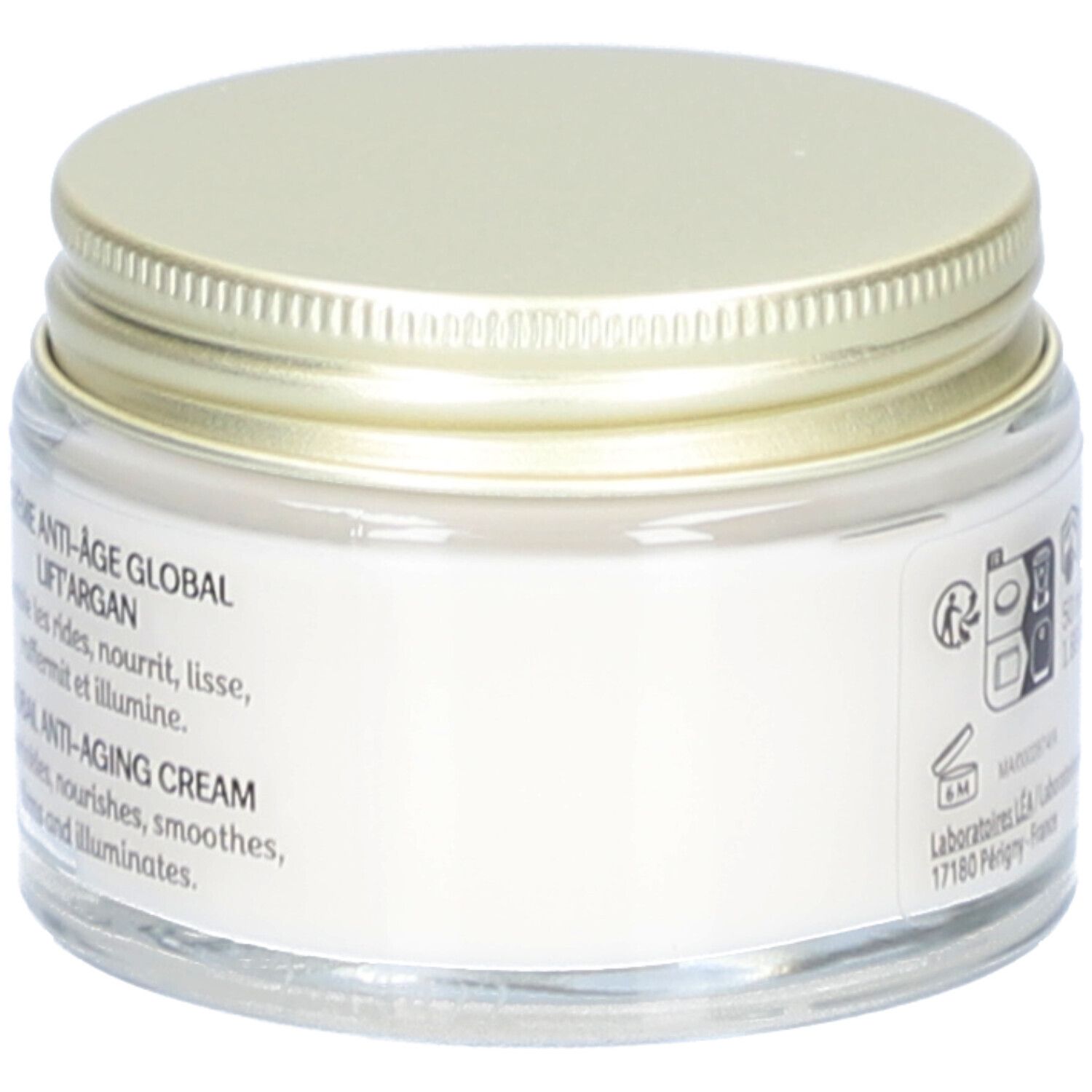 Crèmepot met gouden deksel. Opschrift: Crème Anti-Âge Global, Lift'Argan. Informatie en symbolen.