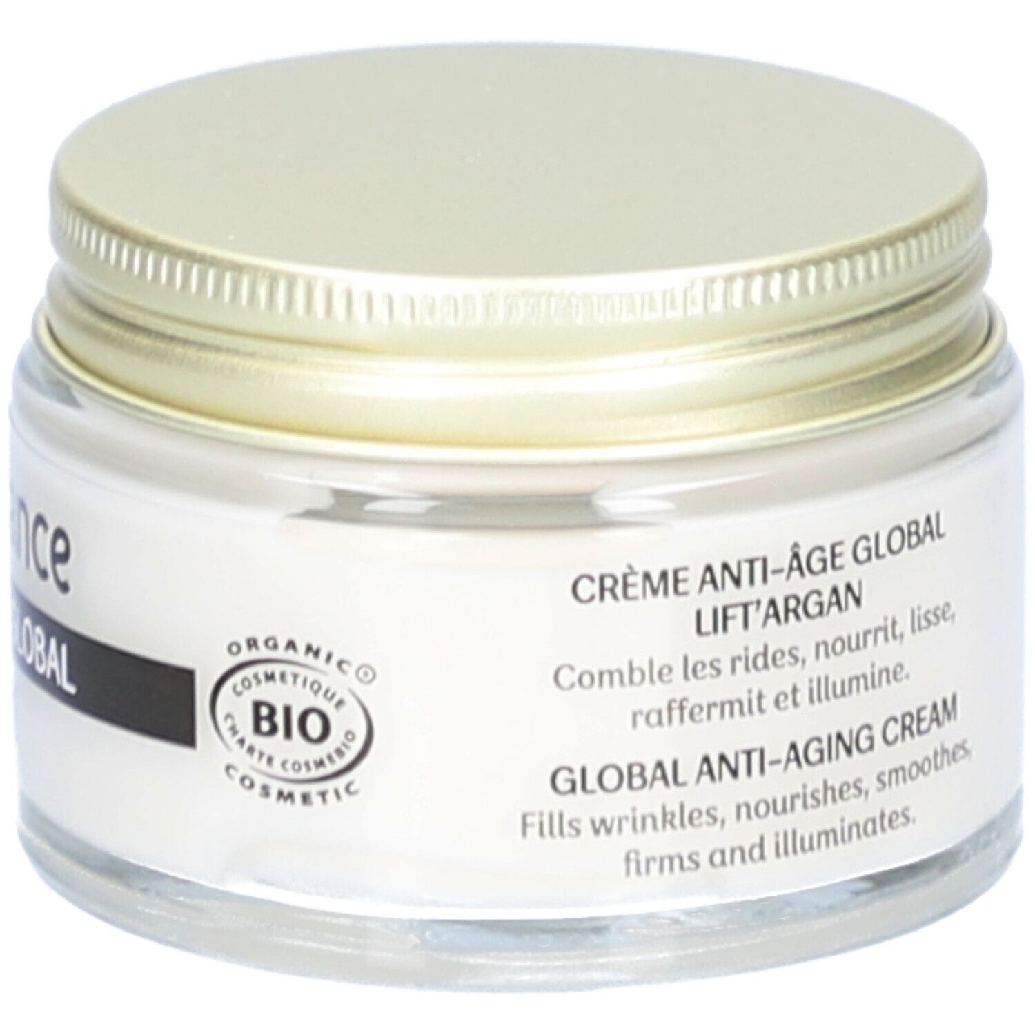 Crèmepot met gouden deksel. Bio-certificering. Opschrift: Crème Anti-Âge Global, Lift'Argan.