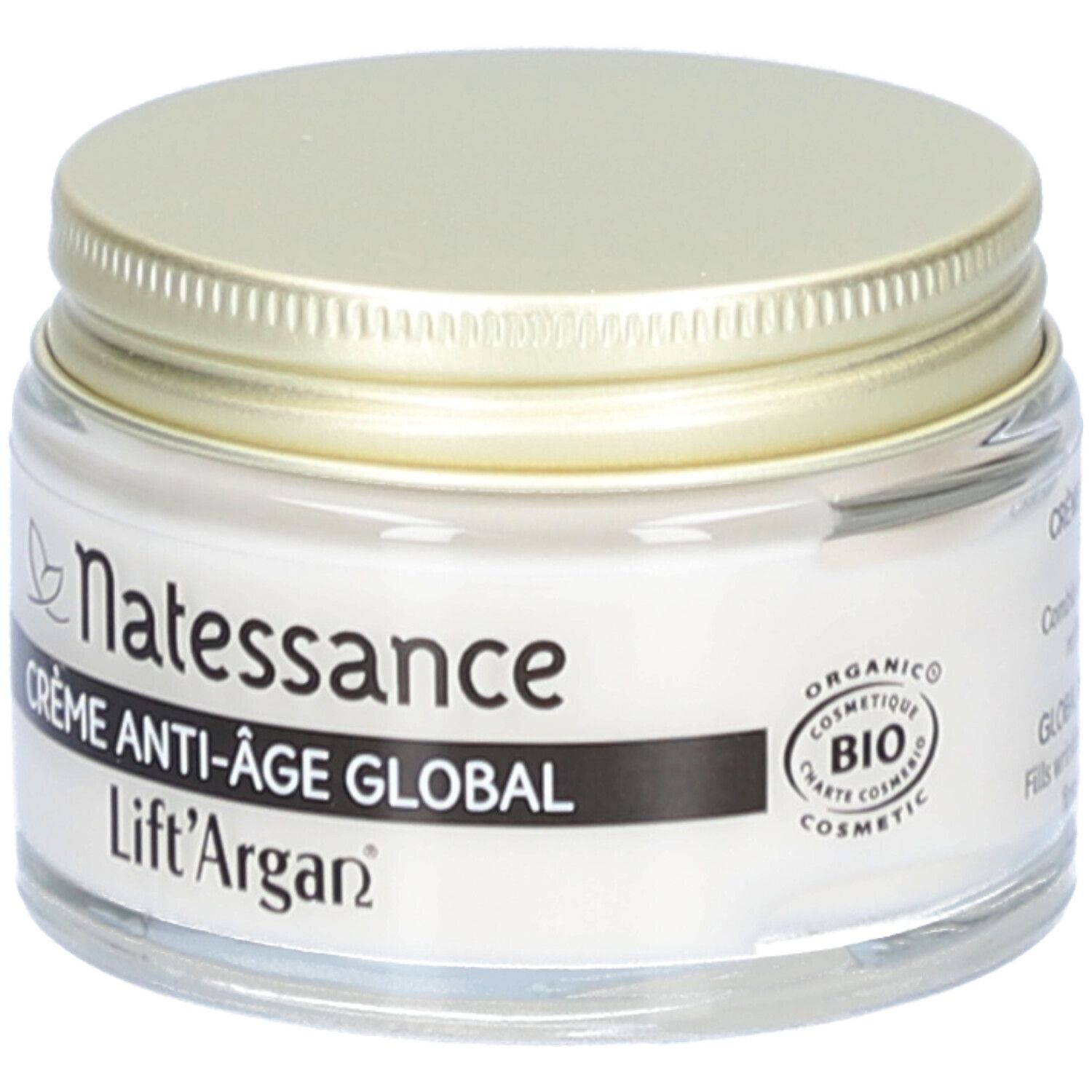 Crèmepot met gouden deksel. Opschrift: Natessance, Crème Anti-Âge Global, Lift'Argan. Bio-certificering.