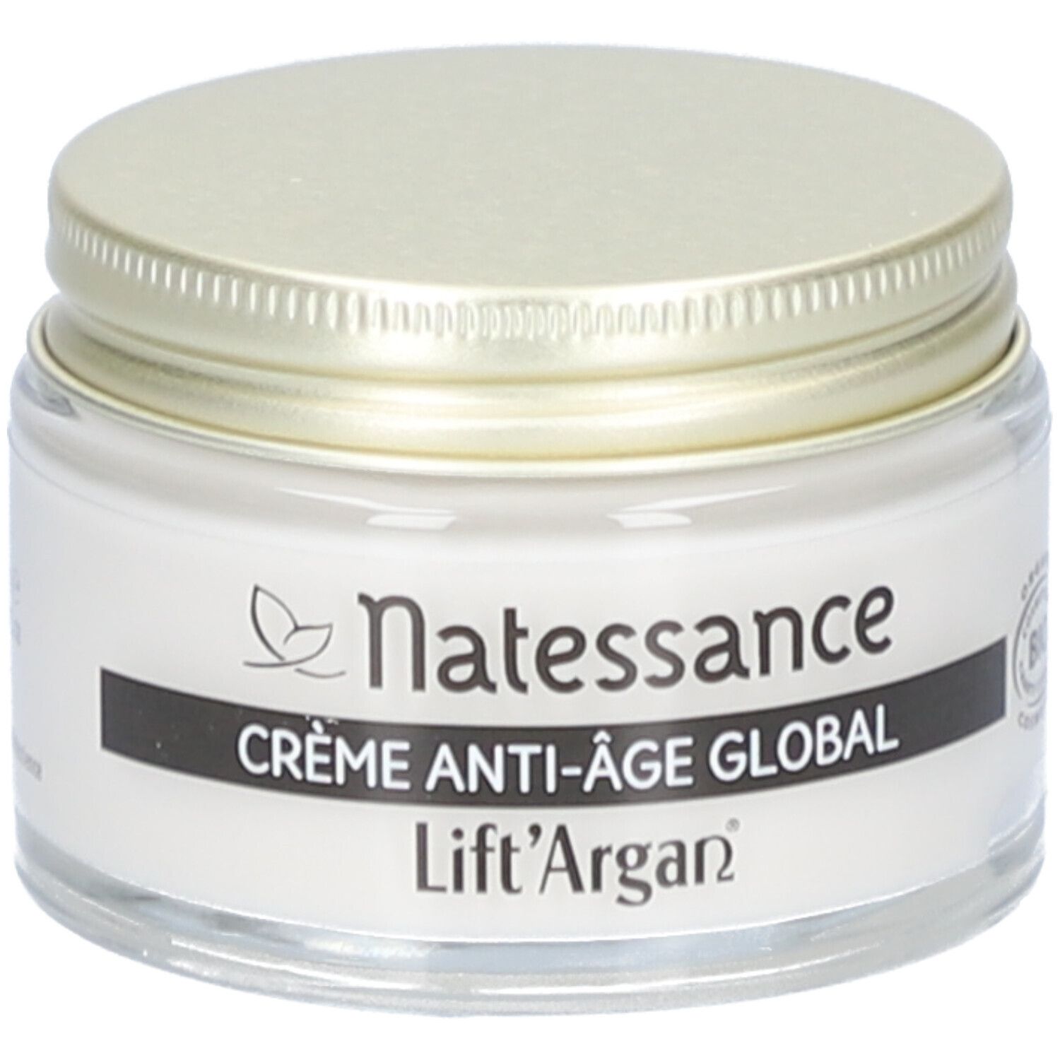 Crèmepot met gouden deksel. Opschrift: Natessance, Crème Anti-Âge Global, Lift'Argan.