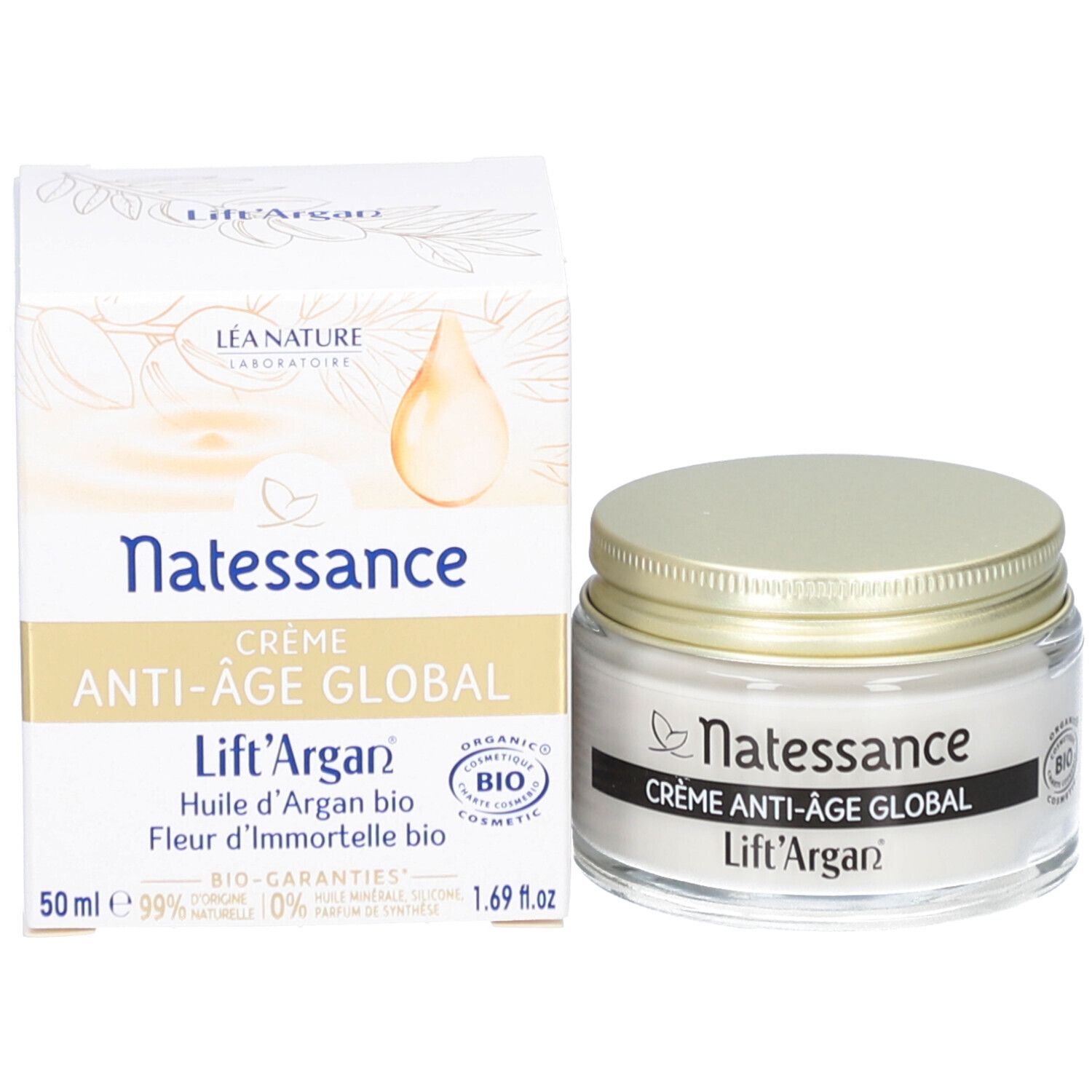 Crèmepot en verpakking. Opschrift: Natessance, Crème Anti-Âge Global, Lift'Argan. 50 ml, 1.69 fl.oz.