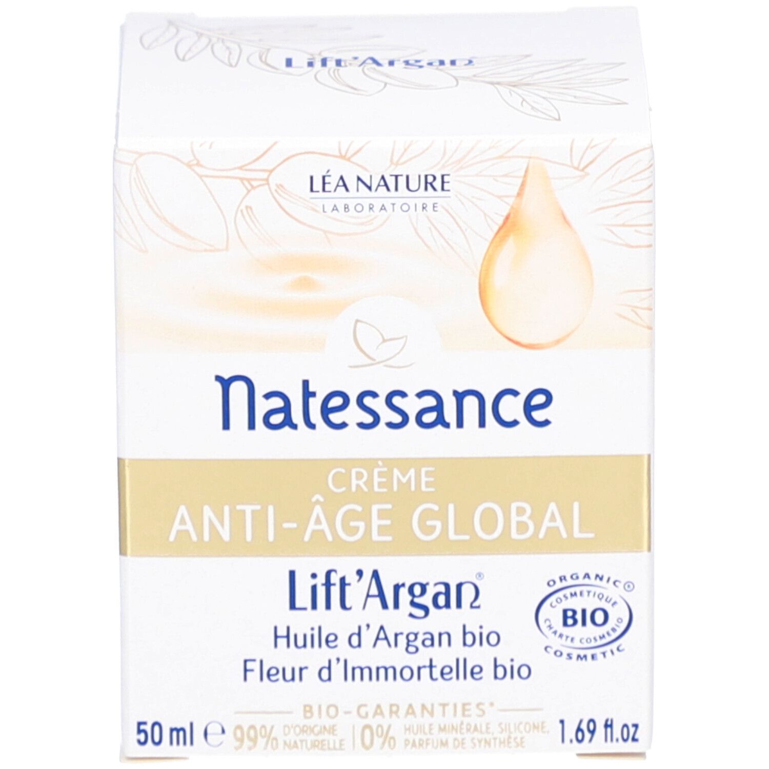 Verpakking. Opschrift: Natessance, Crème Anti-Âge Global, Lift'Argan. 50 ml, 1.69 fl.oz. Bio-certificering.
