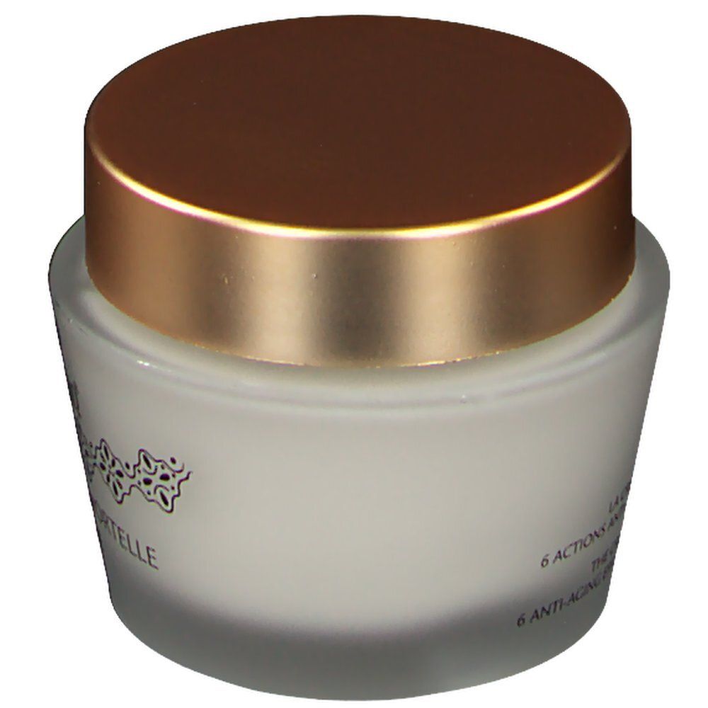 Crèmepot met gouden deksel. Opschrift: Divinissime Immortelle. 6 anti-aging effecten.