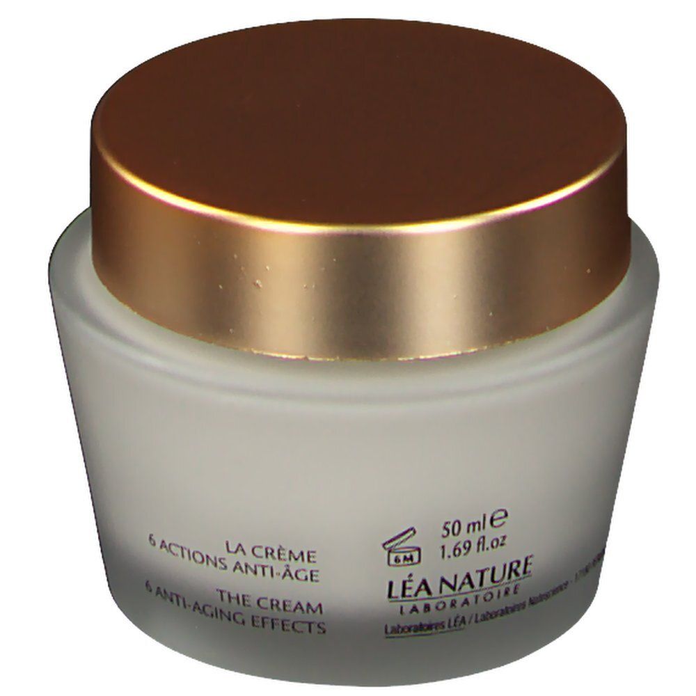 Crèmepot met gouden deksel. Opschrift: La Crème, 6 anti-aging effecten. 50 ml, 1.69 fl.oz.
