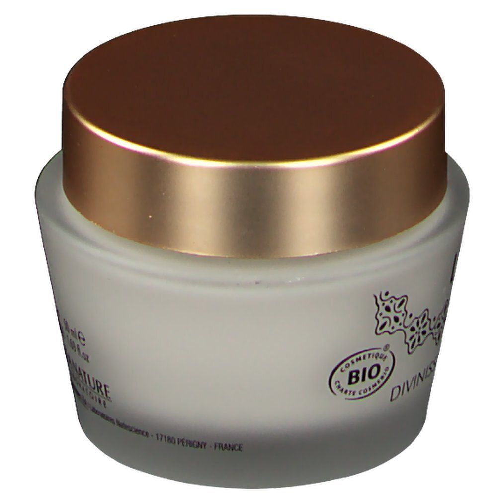 Crèmepot met gouden deksel. Bio-certificering. Opschrift: Divinissime.