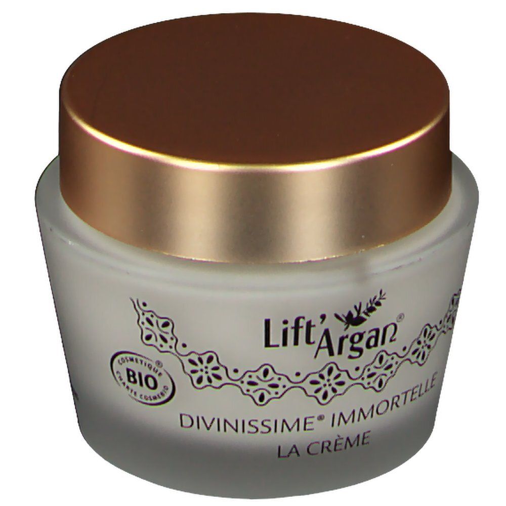 Crèmepot met gouden deksel. Bio-certificering. Opschrift: Lift'Argan, Divinissime Immortelle, La Crème.