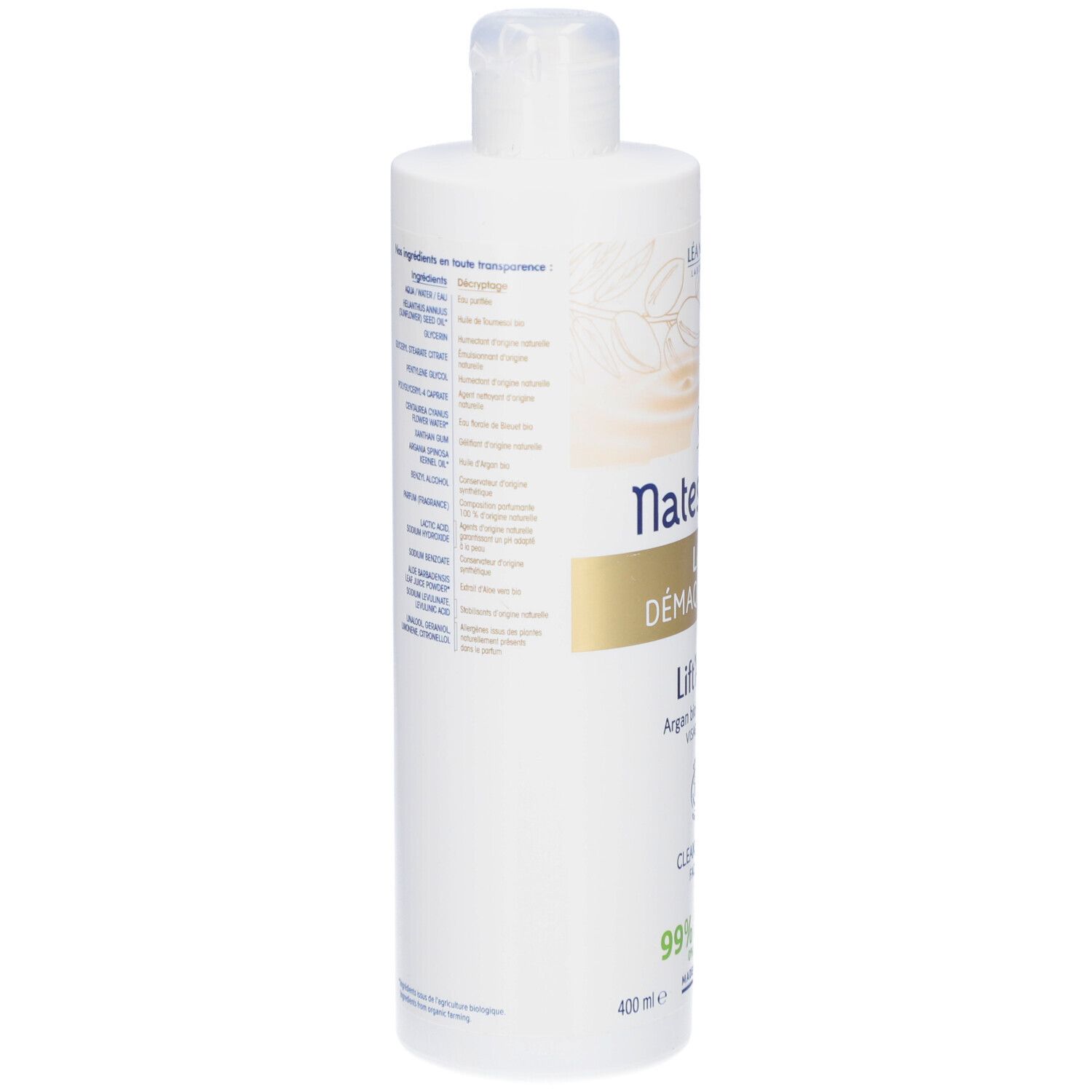 Dos d'un flacon blanc. Texte en français. Liste des ingrédients et informations sur le produit.