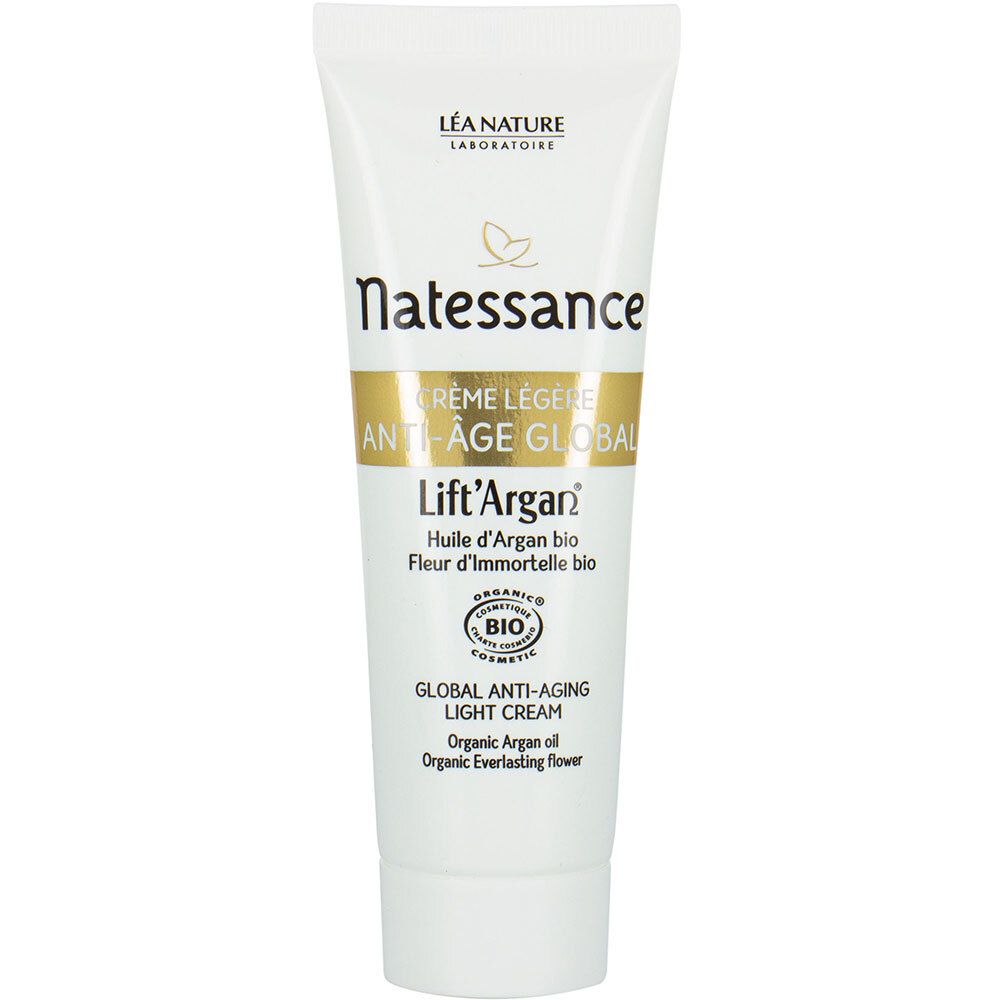 Tube blanc avec étiquette dorée. Texte: Natessance, Crème Légère Anti-Âge Global, Lift'Argan. Certification bio.