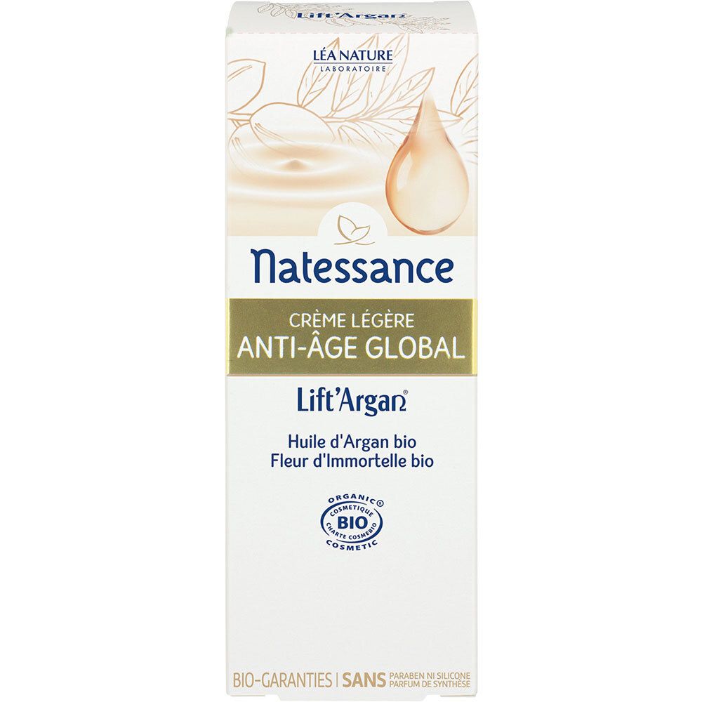 Boîte avec image du produit. Texte: Natessance, Crème Légère Anti-Âge Global, Lift'Argan. Certification bio. Illustration goutte et argan.