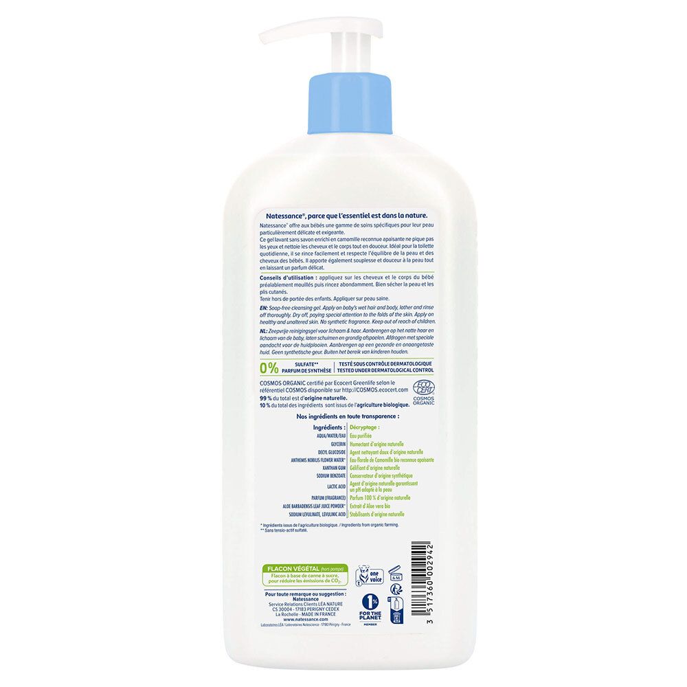 Achterkant van de witte fles. Tekst in meerdere talen. Bevat informatie over ingrediënten en certificeringen.