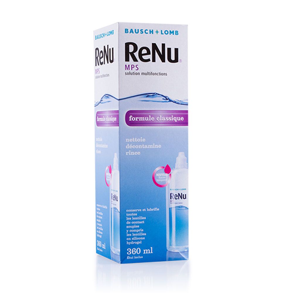 Bausch + Lomb ReNu MPS solution. Emballage avec image du produit. Flacon de 360 ml. Formule classique.