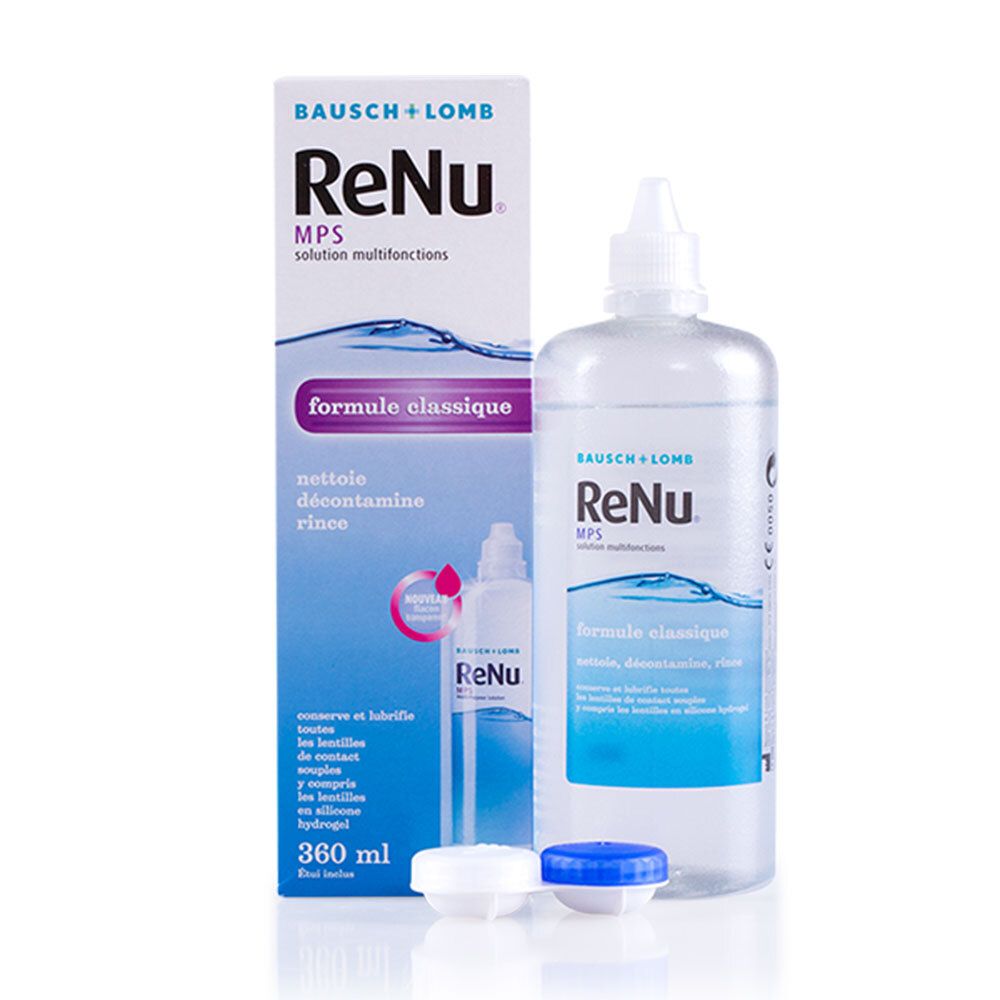 Bausch + Lomb ReNu MPS solution et flacon. Flacon de 360 ml, deux étuis et couvercles. Formule classique.