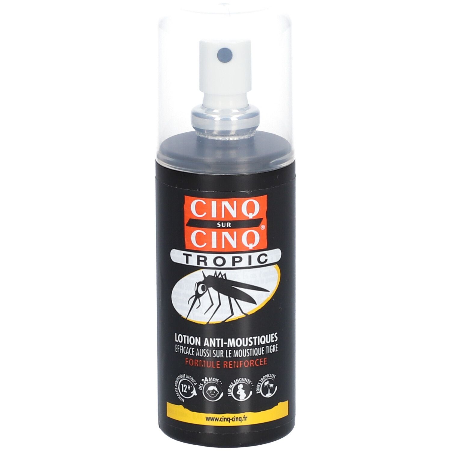 Zwarte fles met verstuiver. Opschrift: CINQ SUR CINQ TROPIC. Illustratie van een mug. Tekst: Lotion Anti-Moustiques.